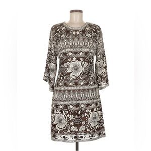 Naeem Khan Silk Embroidered Boho Tunic Dress Brown Ivory Bell Sleeve Size 8